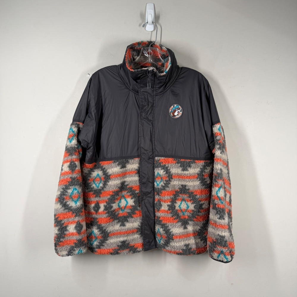 Buc-ee's Mens Southwestern Fleece Jacket Charcoal Grey Orange Aztec Print Medium